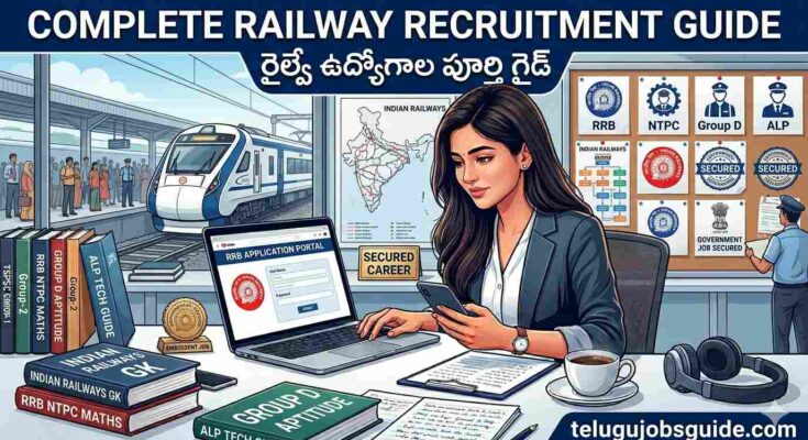 Complete Railway Recruitment Guide featured image showing an Indian railway train, a student preparing for railway exams, RRB application portal, Group D, NTPC, ALP study materials, and Telugu text “రైల్వే ఉద్యోగాల పూర్తి గైడ్” with telugujobsguide.com branding.