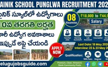 Sainik School Punglwa Recruitment 2026 poster showing 08 vacancies, 10th pass to degree qualification jobs, salary up to ₹44,900, interview dates, and apply now details with telugujobsguide.com branding.