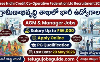 Stree Nidhi Credit Co-Operative Federation Ltd Recruitment 2026 poster featuring AGM and Manager jobs with salary up to ₹56,000, PG qualification, and online application details.