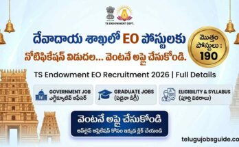 TS Endowment EO Recruitment 2026 notification poster showing 190 Executive Officer posts, eligibility details, and apply online information in Telugu with temple design elements.