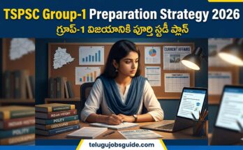 TSPSC Group-1 Preparation Strategy 2026 featured image showing a female aspirant studying with books, laptop, current affairs notes, and Telangana map for government exam preparation.