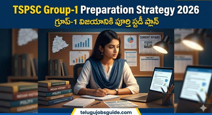 TSPSC Group-1 Preparation Strategy 2026 featured image showing a female aspirant studying with books, laptop, current affairs notes, and Telangana map for government exam preparation.