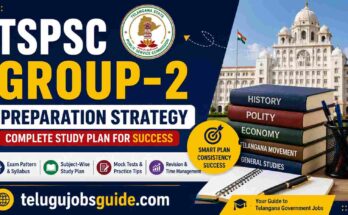 TSPSC Group-2 Preparation Strategy featured image with Telangana Public Service Commission logo, study books, exam preparation elements, and Telangana government building background for competitive exam aspirants.