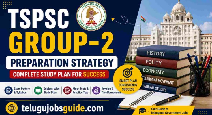 TSPSC Group-2 Preparation Strategy featured image with Telangana Public Service Commission logo, study books, exam preparation elements, and Telangana government building background for competitive exam aspirants.