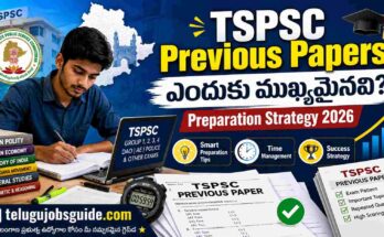 TSPSC Previous Papers preparation featured image showing a Telangana student studying with books, laptop, stopwatch, and exam papers along with Telugu text about TSPSC preparation strategy 2026 and website branding telugujobsguide.com.