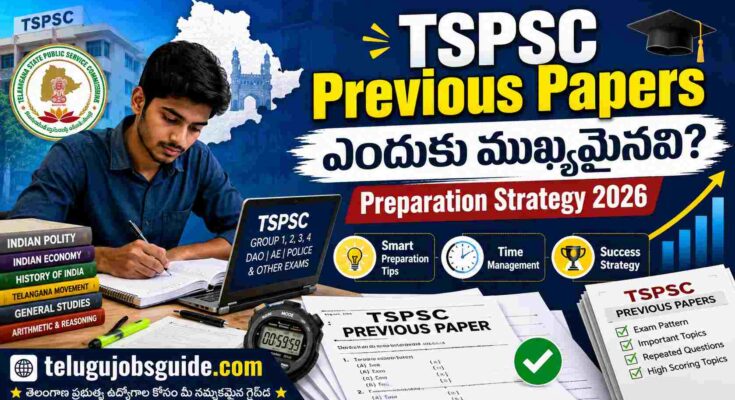 TSPSC Previous Papers preparation featured image showing a Telangana student studying with books, laptop, stopwatch, and exam papers along with Telugu text about TSPSC preparation strategy 2026 and website branding telugujobsguide.com.