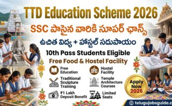 TTD Education Scheme 2026 featured image showing free education, hostel facility, temple architecture and traditional sculpture training for SSC passed students at TTD institutions.