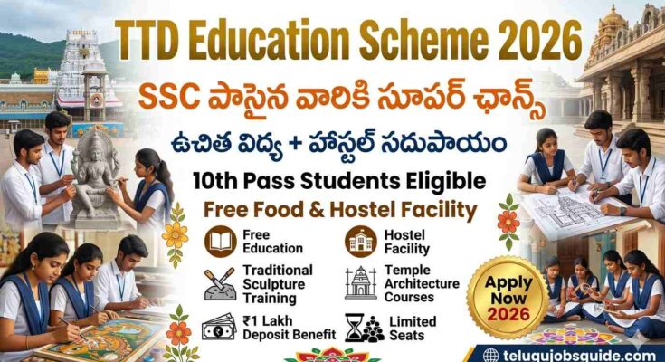 TTD Education Scheme 2026 featured image showing free education, hostel facility, temple architecture and traditional sculpture training for SSC passed students at TTD institutions.