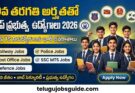 Poster showcasing Top Government Jobs for 10th Pass Candidates in AP & TS 2026, featuring Railway, Police, Post Office, SSC MTS, and Defence jobs along with students holding books and an Apply Now button.