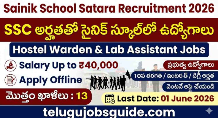Sainik School Satara Recruitment 2026 poster showing SSC qualification jobs for Hostel Warden and Lab Assistant posts with salary up to ₹40,000 and last date 01 June 2026.