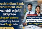 South Indian Bank Recruitment 2026 featured image showing junior officer jobs notification with male and female bank employees, Telugu text highlights, and salary up to ₹5 lakhs.