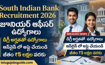 South Indian Bank Recruitment 2026 featured image showing junior officer jobs notification with male and female bank employees, Telugu text highlights, and salary up to ₹5 lakhs.