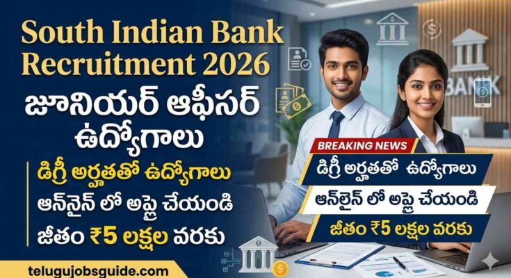 South Indian Bank Recruitment 2026 featured image showing junior officer jobs notification with male and female bank employees, Telugu text highlights, and salary up to ₹5 lakhs.