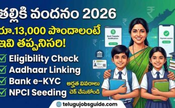 AP Thalliki Vandanam Scheme 2026 featured image showing a mother with two school students, highlighting ₹13,000 financial assistance, eligibility check, Aadhaar linking, Bank e-KYC, and NPCI seeding requirements for Andhra Pradesh students.