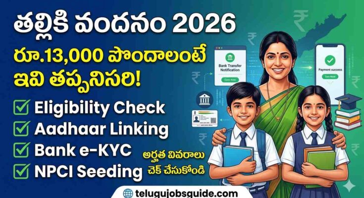 AP Thalliki Vandanam Scheme 2026 featured image showing a mother with two school students, highlighting ₹13,000 financial assistance, eligibility check, Aadhaar linking, Bank e-KYC, and NPCI seeding requirements for Andhra Pradesh students.