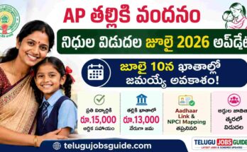 AP Talliki Vandanam Funds Release July 2026 update banner showing a mother and school-going child with details about the expected July 10 fund transfer, ₹13,000 financial assistance, Aadhaar linking, NPCI mapping, and telugujobsguide.com.
