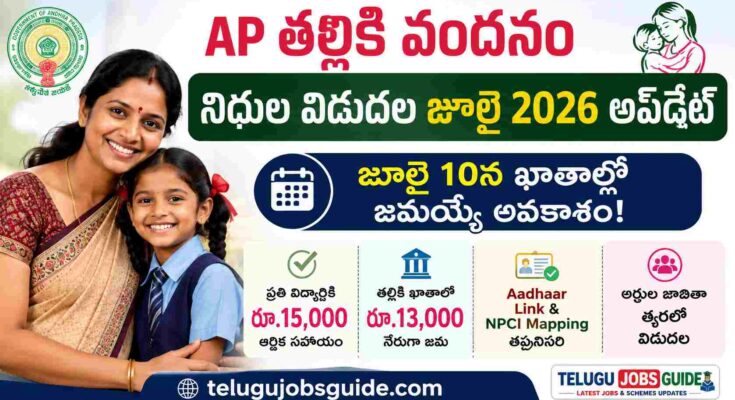 AP Talliki Vandanam Funds Release July 2026 update banner showing a mother and school-going child with details about the expected July 10 fund transfer, ₹13,000 financial assistance, Aadhaar linking, NPCI mapping, and telugujobsguide.com.
