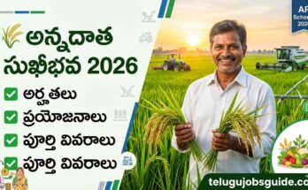Annadata Sukhibhava Scheme 2026 featured image showing a smiling Andhra Pradesh farmer holding paddy crops in a green agricultural field, highlighting eligibility, benefits, and complete scheme details with telugujobsguide.com branding.