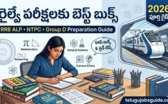 Best Books for Railway Exams in Telugu featured image showing a student preparing for RRB ALP, NTPC, and Group D exams with study books, Mathematics, Reasoning, General Science, Current Affairs icons, and an Indian Railways train in the background.