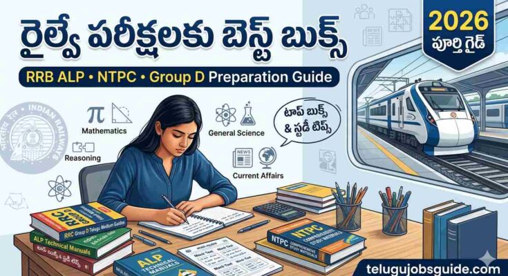 Best Books for Railway Exams in Telugu featured image showing a student preparing for RRB ALP, NTPC, and Group D exams with study books, Mathematics, Reasoning, General Science, Current Affairs icons, and an Indian Railways train in the background.