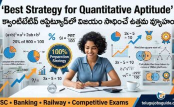 Best Strategy for Quantitative Aptitude in Telugu featured image showing a student preparing for competitive exams with aptitude formulas, percentage calculations, graphs, charts, and exam preparation concepts for SSC, Banking, and Railway exams.
