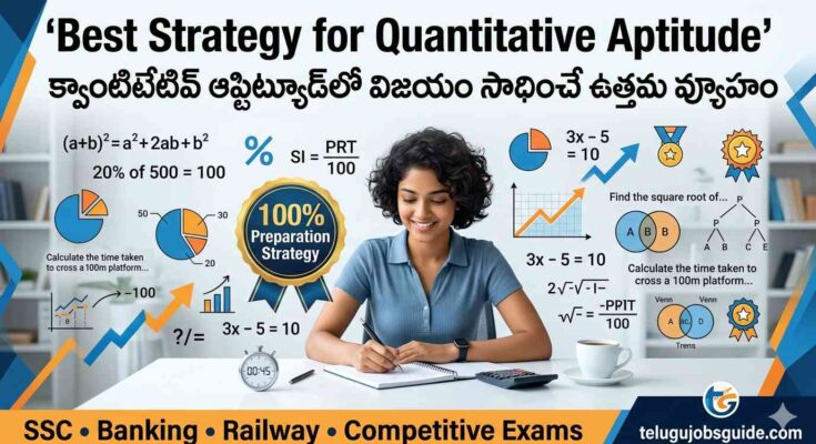 Best Strategy for Quantitative Aptitude in Telugu featured image showing a student preparing for competitive exams with aptitude formulas, percentage calculations, graphs, charts, and exam preparation concepts for SSC, Banking, and Railway exams.