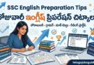 SSC English Preparation Tips featured image showing a student studying vocabulary, grammar, mock tests, and reading practice for SSC exams, with Telugu text "రోజువారీ ఇంగ్లీష్ ప్రిపరేషన్ చిట్కాలు" and telugujobsguide.com branding.