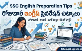 SSC English Preparation Tips featured image showing a student studying vocabulary, grammar, mock tests, and reading practice for SSC exams, with Telugu text "రోజువారీ ఇంగ్లీష్ ప్రిపరేషన్ చిట్కాలు" and telugujobsguide.com branding.