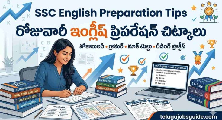 SSC English Preparation Tips featured image showing a student studying vocabulary, grammar, mock tests, and reading practice for SSC exams, with Telugu text "రోజువారీ ఇంగ్లీష్ ప్రిపరేషన్ చిట్కాలు" and telugujobsguide.com branding.