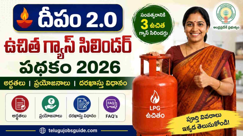 Deepam 2.0 Free Gas Cylinder Scheme 2026 featured image showing free LPG cylinders, eligibility, benefits, application process, and Andhra Pradesh government welfare scheme.