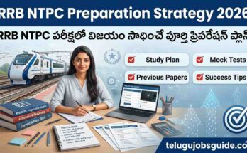 RRB NTPC Preparation Strategy 2026 featured image showing an Indian railway aspirant studying at a desk with books, laptop, mock test papers, and a modern Indian train in the background. The image highlights Study Plan, Mock Tests, Previous Papers, and Success Tips for RRB NTPC exam preparation in Telugu.