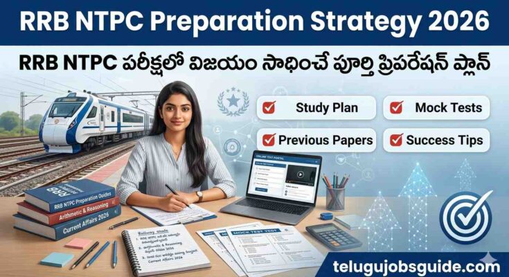 RRB NTPC Preparation Strategy 2026 featured image showing an Indian railway aspirant studying at a desk with books, laptop, mock test papers, and a modern Indian train in the background. The image highlights Study Plan, Mock Tests, Previous Papers, and Success Tips for RRB NTPC exam preparation in Telugu.