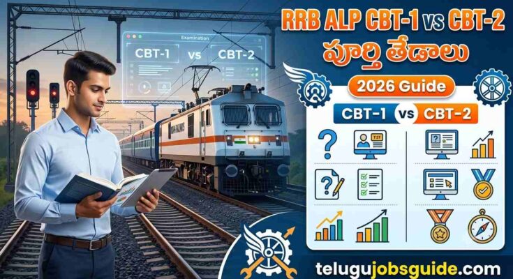RRB ALP CBT-1 vs CBT-2 Explained in Telugu featured image showing an Indian railway aspirant studying beside an electric train, with a visual comparison of CBT-1 and CBT-2 exam patterns, 2026 guide, and Telugu Jobs Guide branding.