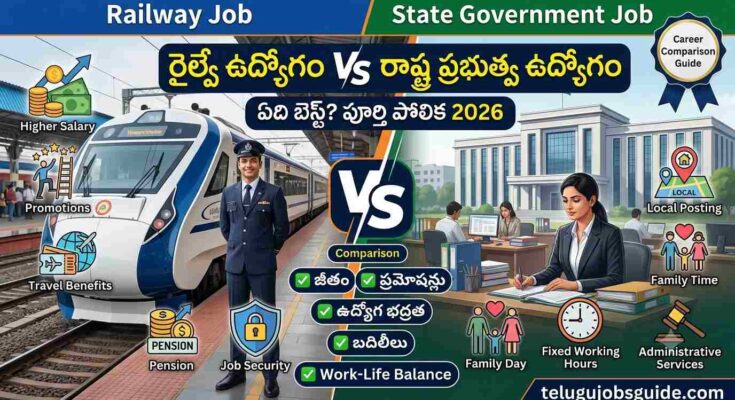 Comparison infographic showing Railway Job vs State Government Job in Telugu, highlighting salary, promotions, travel benefits, pension, job security, local posting, family time, fixed working hours, and work-life balance with a modern train and government office.