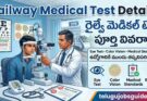 Railway Medical Test Details featured image showing a railway job aspirant undergoing an eye examination by a doctor in a medical testing room, with vision charts, color blindness test, medical standards icons, railway train background, and Telugu text explaining railway medical test details.