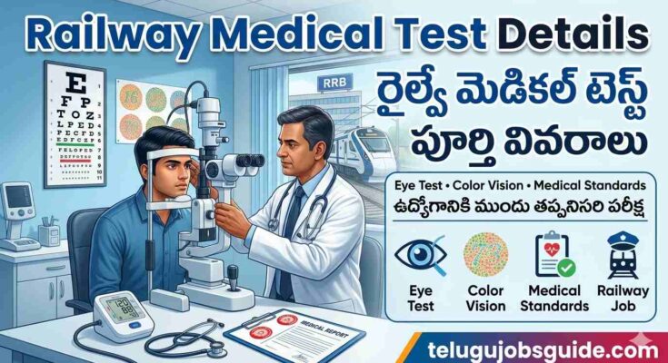 Railway Medical Test Details featured image showing a railway job aspirant undergoing an eye examination by a doctor in a medical testing room, with vision charts, color blindness test, medical standards icons, railway train background, and Telugu text explaining railway medical test details.