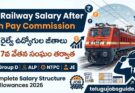 Railway Job Salary Structure After 7th Pay Commission in Telugu showing Indian Railways train, salary growth icons, Group D, ALP, NTPC, JE salary details, allowances and pay commission benefits for railway employees in 2026.