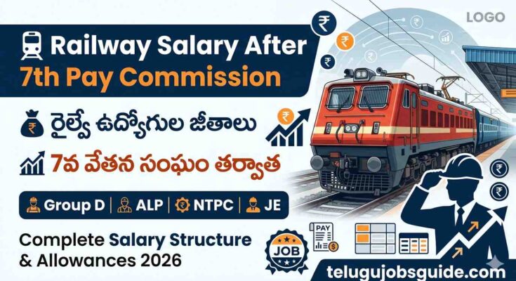 Railway Job Salary Structure After 7th Pay Commission in Telugu showing Indian Railways train, salary growth icons, Group D, ALP, NTPC, JE salary details, allowances and pay commission benefits for railway employees in 2026.