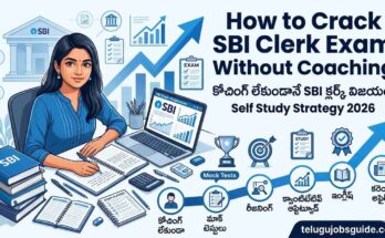 How to Crack SBI Clerk Exam Without Coaching in Telugu – Self Study Strategy 2026 featuring a student preparing for SBI Clerk exam with books, laptop, mock tests, reasoning, quantitative aptitude, English, and current affairs study plan.