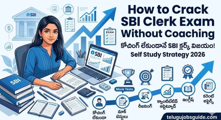 How to Crack SBI Clerk Exam Without Coaching in Telugu – Self Study Strategy 2026 featuring a student preparing for SBI Clerk exam with books, laptop, mock tests, reasoning, quantitative aptitude, English, and current affairs study plan.