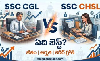 SSC CGL vs SSC CHSL comparison infographic in Telugu showing a government officer and a data entry operator, highlighting salary, eligibility, and career growth differences with the title 'ఏది బెస్ట్?' and branding Telugujobsguide.com.