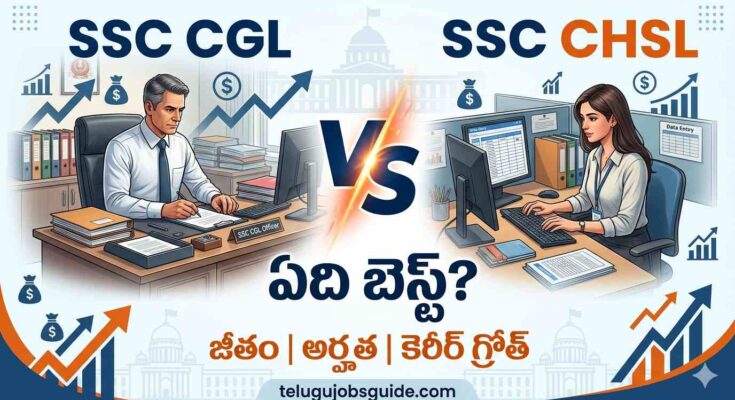 SSC CGL vs SSC CHSL comparison infographic in Telugu showing a government officer and a data entry operator, highlighting salary, eligibility, and career growth differences with the title 'ఏది బెస్ట్?' and branding Telugujobsguide.com.