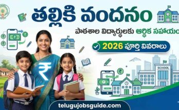 Talliki Vandanam Scheme 2026 featured image showing a mother with school-going children, financial assistance symbol, digital money transfer graphics, and school buildings representing Andhra Pradesh's education support scheme.