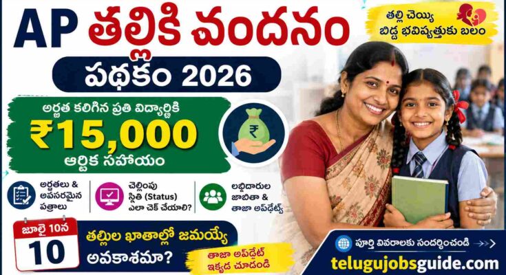 AP Talliki Vandanam Scheme 2026 featured image showing ₹15,000 financial assistance, eligibility, payment status, latest updates, and a mother with a school-going child in Andhra Pradesh.