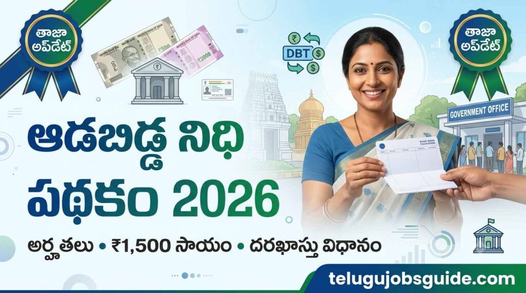 Aadabidda Nidhi Scheme 2026 featured image showcasing ₹1,500 monthly financial assistance for eligible women, eligibility criteria, application process, DBT payments, and telugujobsguide.com branding.