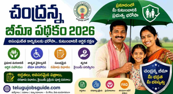 Chandranna Bima Scheme 2026 featured image showing eligibility, benefits, registration process, and insurance protection for unorganized workers in Andhra Pradesh.