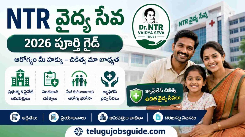 NTR Vaidya Seva 2026 featured image showing cashless healthcare benefits, eligibility, hospitals, and treatment details in Telugu for Andhra Pradesh beneficiaries.