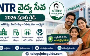 NTR Vaidya Seva 2026 featured image showing cashless healthcare benefits, eligibility, hospitals, and treatment details in Telugu for Andhra Pradesh beneficiaries.