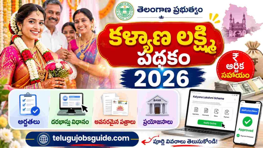 Kalyana Lakshmi Scheme 2026 featured image showing a Telugu bride, financial assistance, eligibility, online application process, required documents, and Telangana Government welfare scheme with telugujobsguide.com branding.