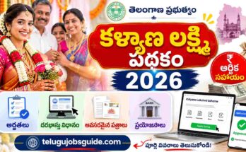 Kalyana Lakshmi Scheme 2026 featured image showing a Telugu bride, financial assistance, eligibility, online application process, required documents, and Telangana Government welfare scheme with telugujobsguide.com branding.
